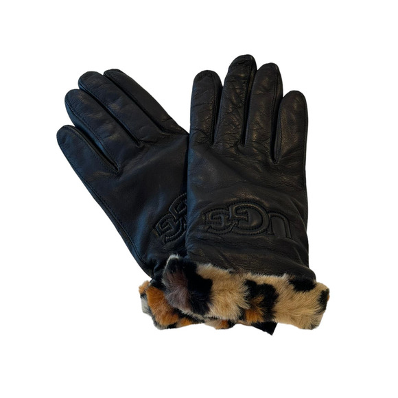 UGG Logo Leather & Faux Fur Cuff Gloves Small BLACK LEOPARD - Picture 4 of 11